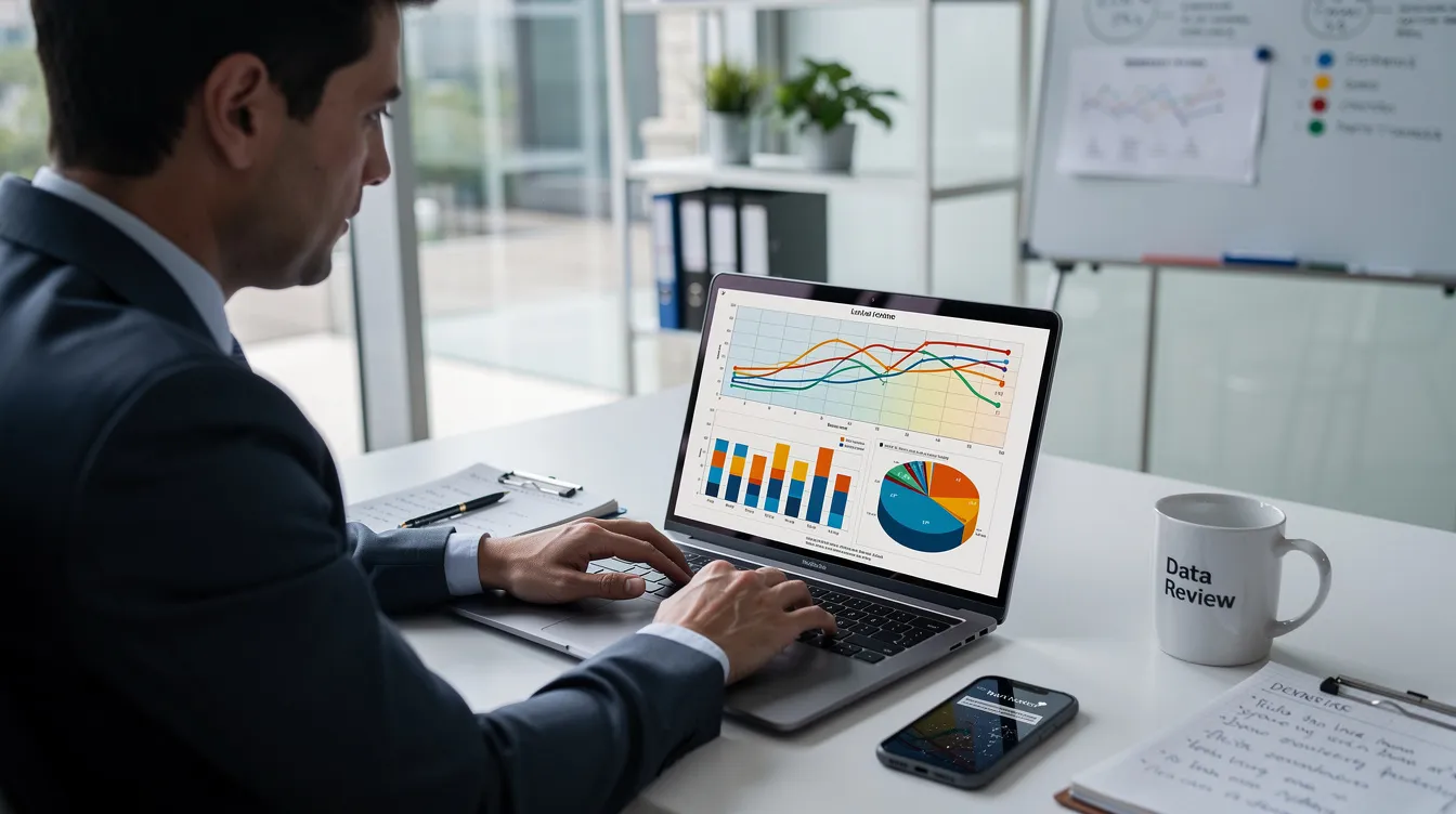A person is focused on reviewing various charts and graphs displayed on a laptop screen in a modern office setting, highlighting the importance of analytics tools for business performance metrics. This scene reflects the analytical work small business owners do to manage their business accounts effectively.