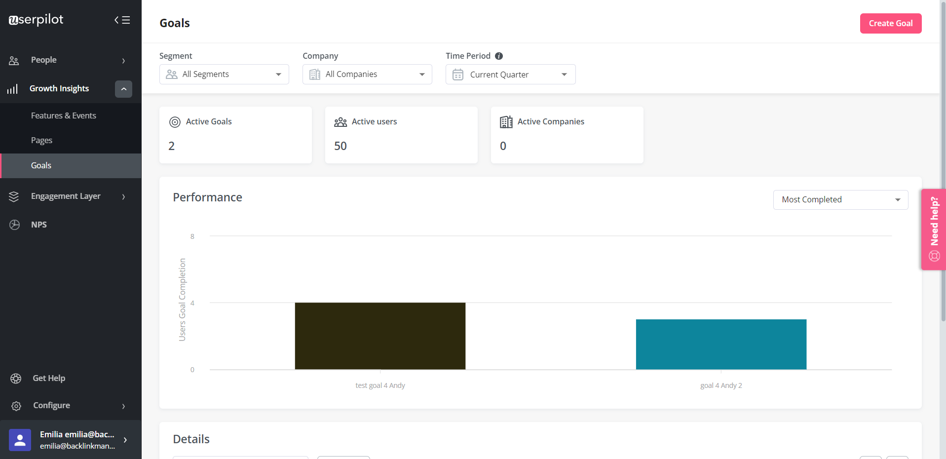 Goals tracking with Userpilot