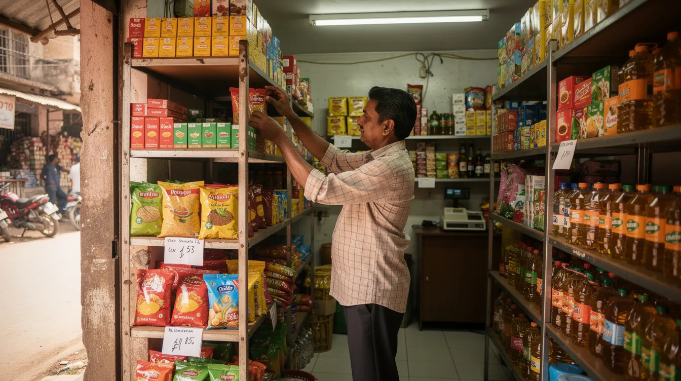 7be62870 a040 4fe6 a89f 925d24343cdc An Indian shop owner is seen carefully arranging products on shelves in a small retail store, showcasing the vibrant selection available for customers. This scene reflects the entrepreneurial spirit supported by initiatives like the Mudra Yojana, which provides financial assistance to micro enterprises in India.
