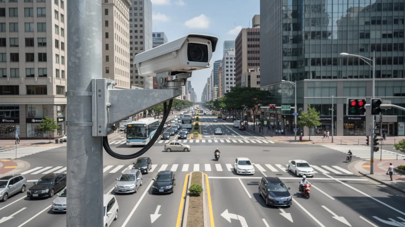 The image shows a traffic camera mounted on a metal pole, providing an overhead view of a busy urban intersection filled with vehicles navigating multiple lanes. This traffic camera footage captures the flow of traffic, which can be crucial for obtaining video evidence in case of a car accident.