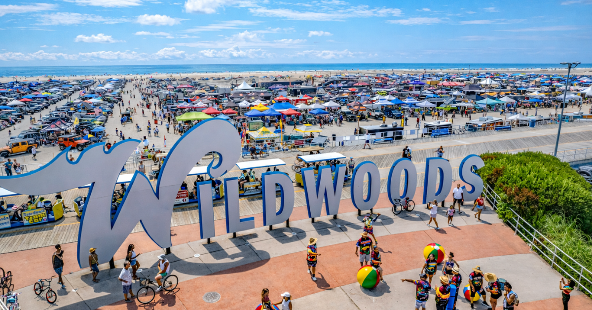 Aerial view of the Wildwoods sign on the Wildwood NJ boardwalk during a summer beach event, with free beaches, crowds, and the Atlantic Ocean visible in the background on the Jersey Shore