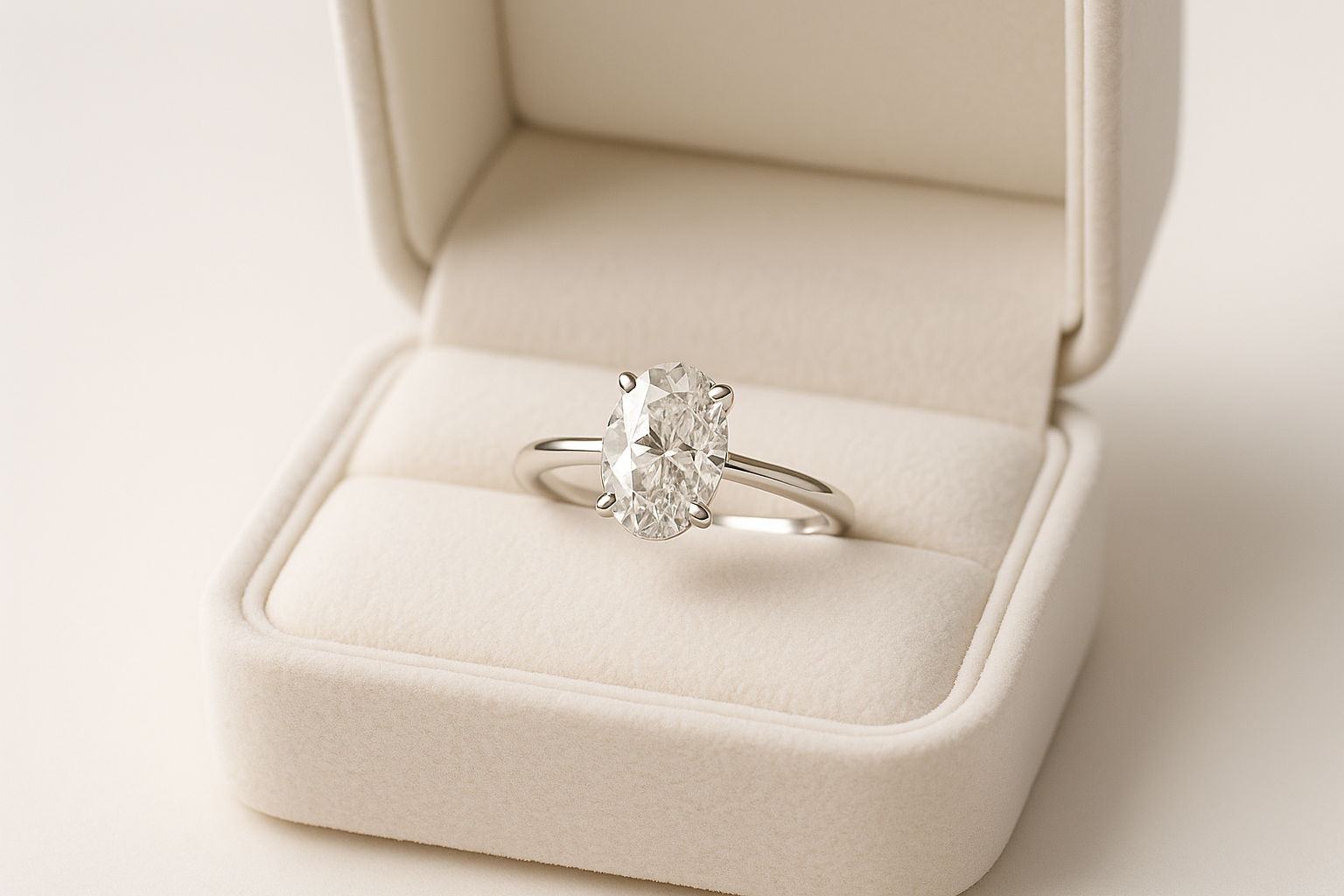 Prabangus sužadėtuvių žiedas su ovalo formos deimantu, padėtas atviroje prabangioje žiedo dėžutėje