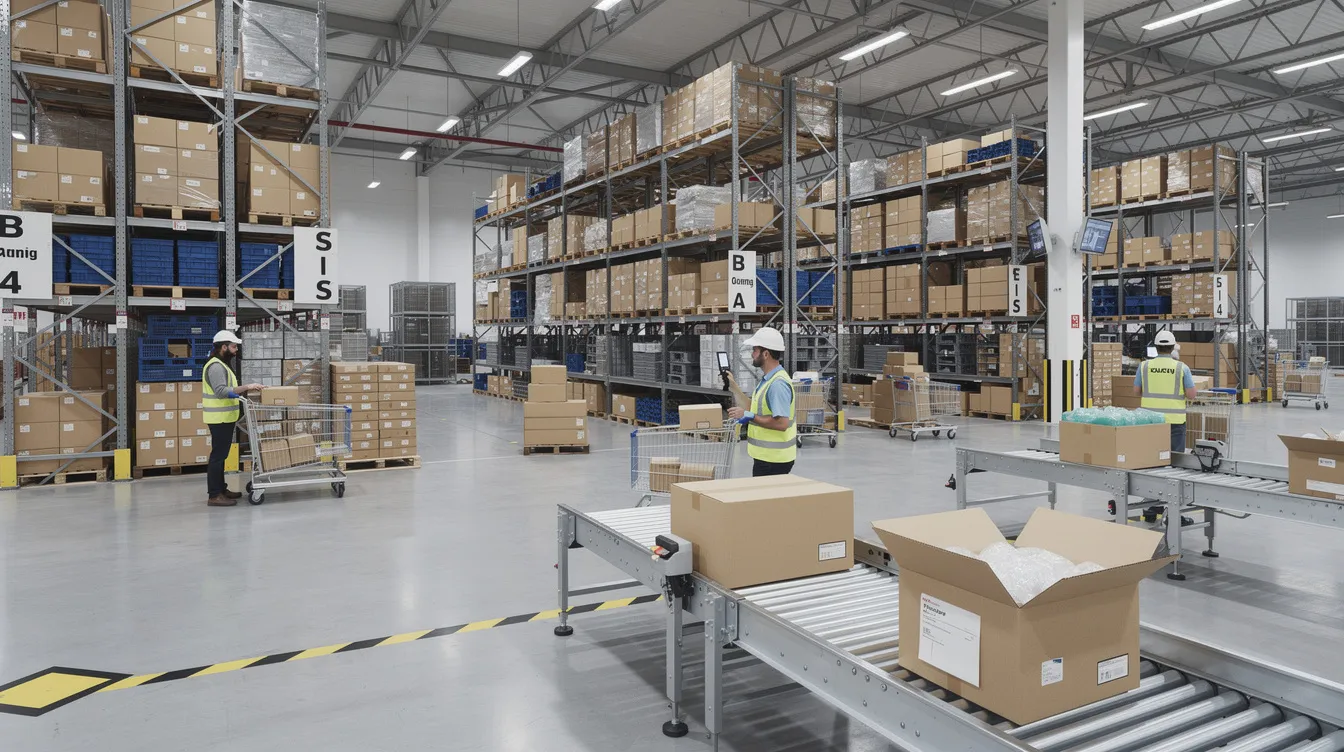 The image depicts a clean and modern warehouse interior featuring organized shelving filled with luxury products, showcasing a professional fulfillment operation for a dropshipping business. This efficient setup supports the selling of established luxury brands like Louis Vuitton, ensuring reliable shipping and exceptional customer service.
