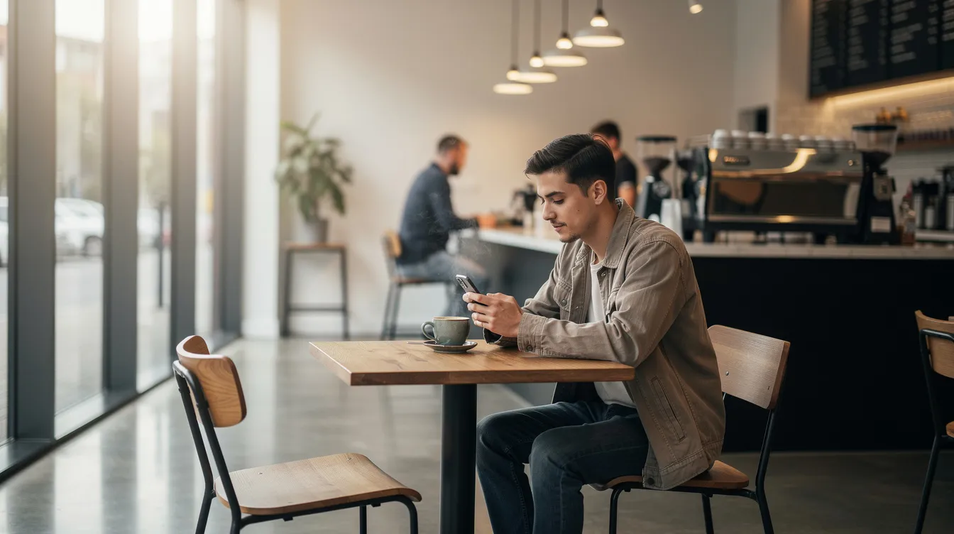 A person is sitting in a modern cafe, sipping coffee while browsing their smartphone, possibly exploring digital banking services or comparing e wallets in Malaysia for online shopping and secure payments. The ambiance suggests a relaxed environment ideal for managing personal finance and making cashless payments.