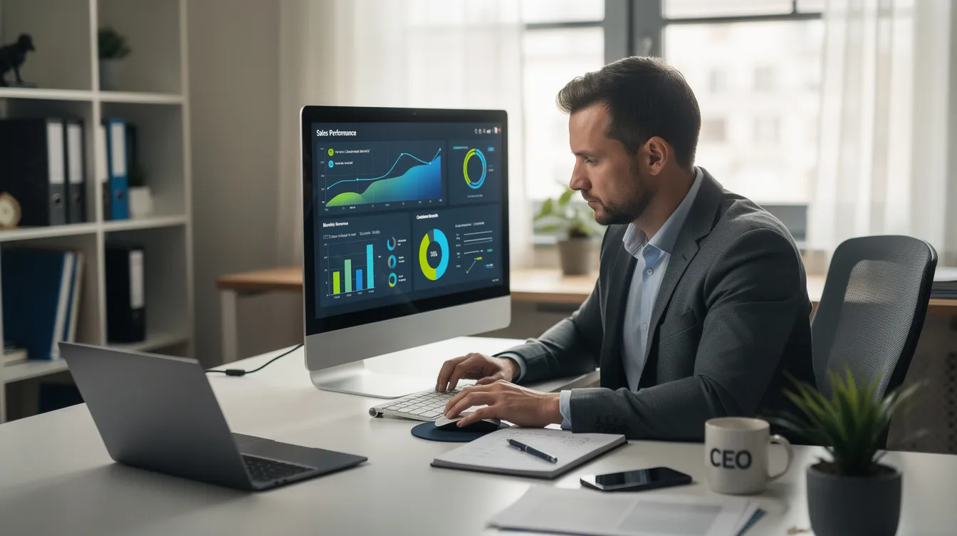 A focused business owner is analyzing performance metrics on a computer screen in a professional workspace, reviewing data related to their Google Ads campaigns and conversion tracking to optimize their advertising strategy and drive sales. The environment reflects a commitment to improving ad spend and targeting the right keywords for better results.