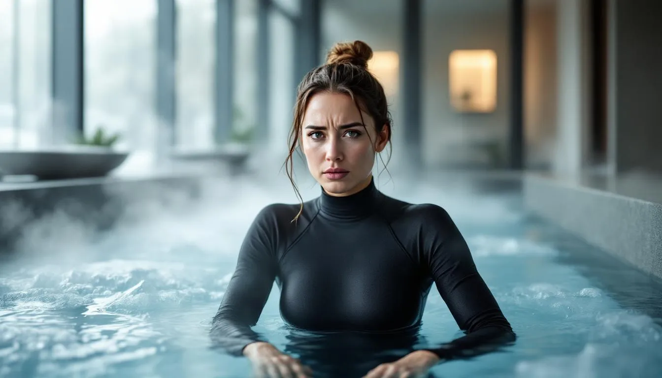A woman is engaging in cold plunge therapy, immersing herself in ice-cold water to experience the benefits of cold water immersion. This practice is known to enhance blood flow, reduce inflammation, and improve both physical and mental health.