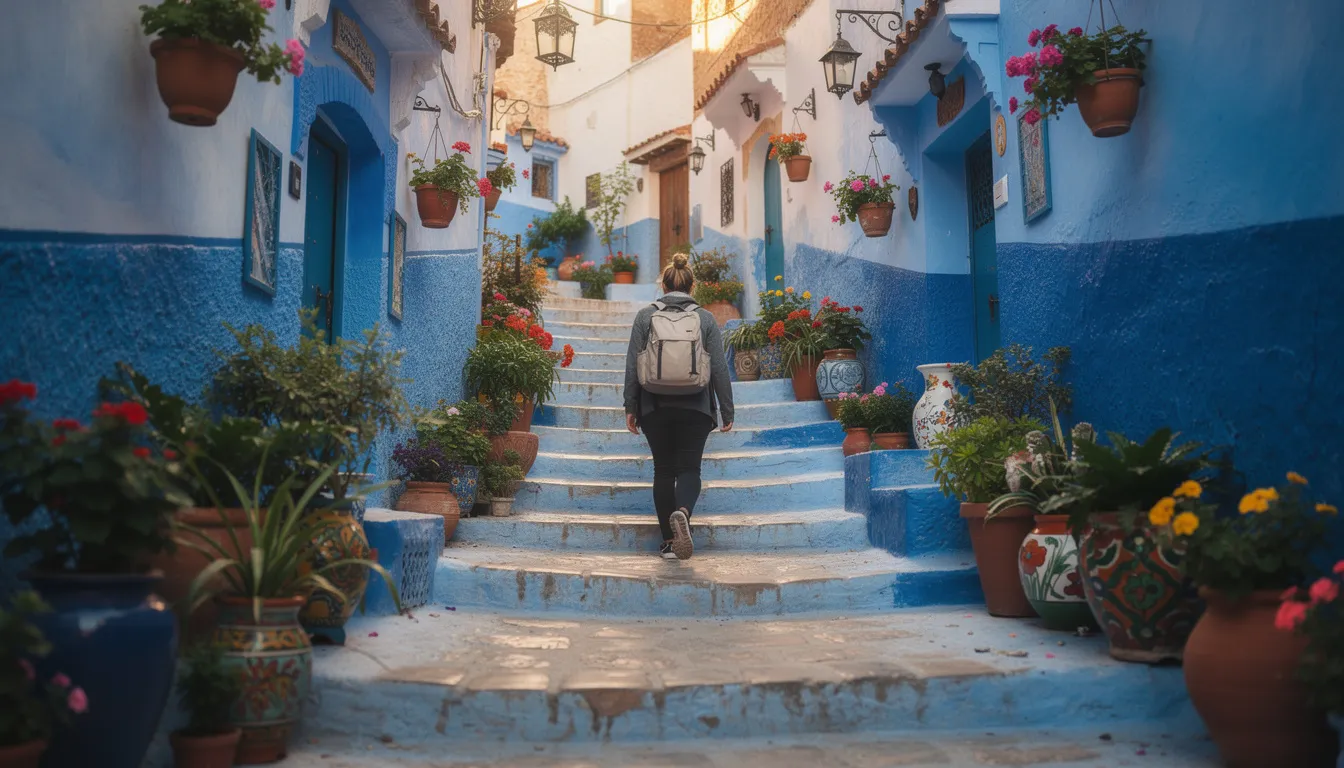 A narrow blue-painted alleyway in Chefchaouen features vibrant potted plants lining the walls, while a person strolls through the charming path. This picturesque scene captures the essence of Morocco, inviting solo travelers to explore its unique beauty and local communities.