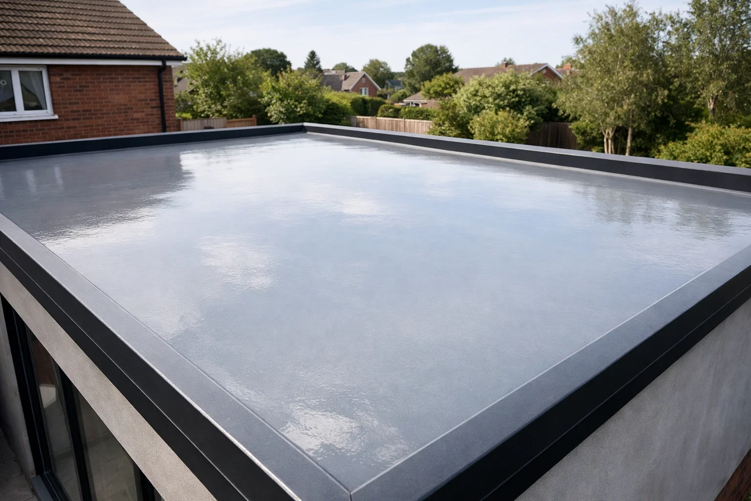 Completed GRP flat roof with smooth waterproof surface on UK residential property.