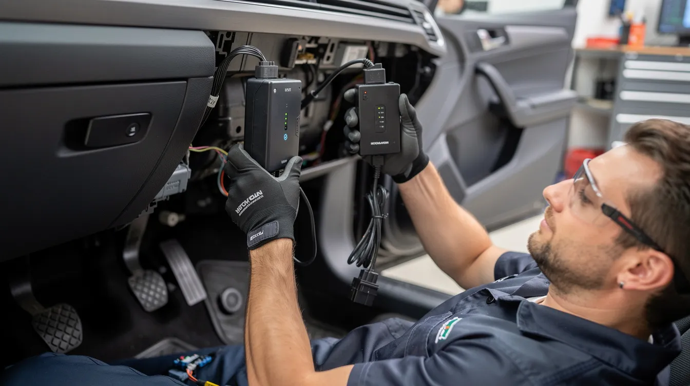 A technician is seen installing a telematics device under a vehicle dashboard, ensuring that the integration of customer data flows seamlessly into the system. This setup is crucial for enhancing operational efficiency and improving customer interactions through effective salesforce integration services.