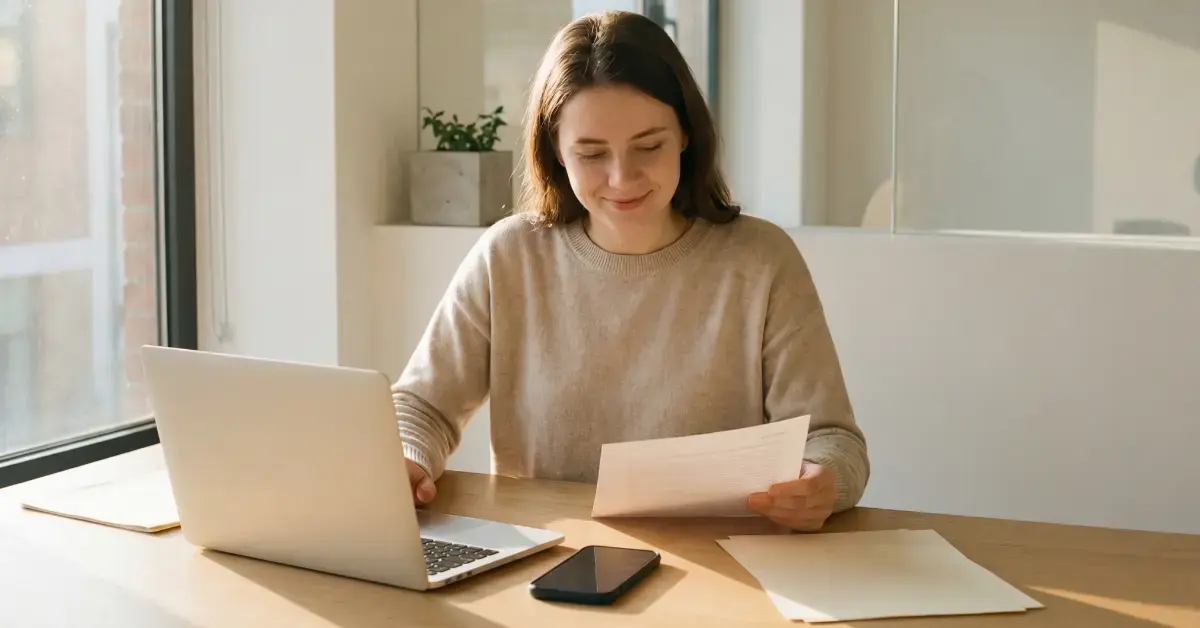 Woman reviewing income reports and tax documents while learning how to avoid double taxation.
