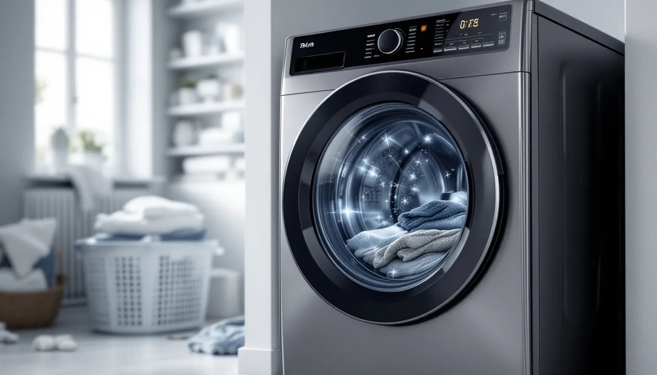 . The image depicts a person cleaning a washing machine, focusing on the interior of the drum. They are using vinegar and baking soda to eliminate unpleasant odors and residues, highlighting the importance of regular cleaning of the washing machine to maintain its efficiency and extend its lifespan.