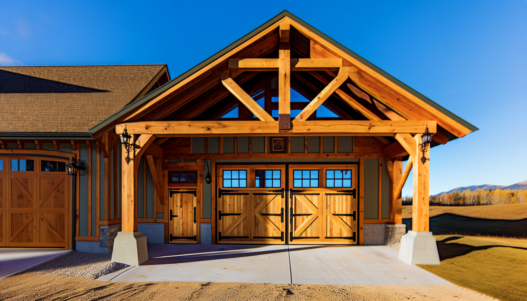 Customized timber frame garage with unique windows and doors