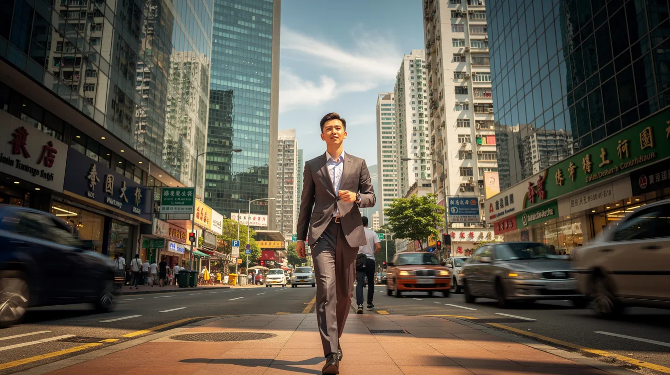 A confident young professional walks through a bustling modern street in Hong Kong, surrounded by towering skyscrapers under a bright blue sky. The scene captures the vibrant energy of the city, reflecting the dynamic environment where financial institutions offer various loan products, including 免 tu 貸款 and 網上 貸款 options.