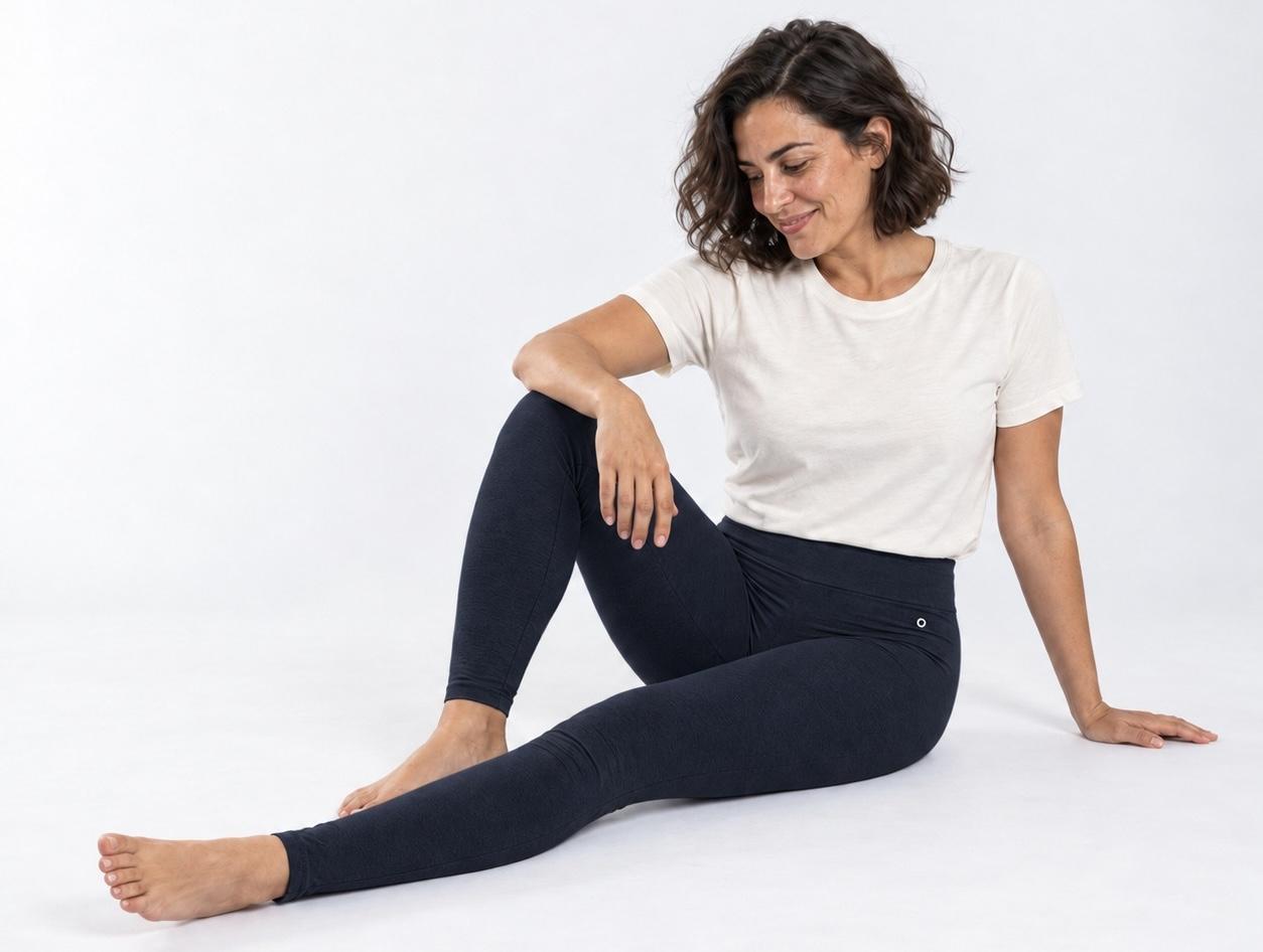 Frau in weißem T-Shirt und dunkelblauer High-Waist-Leggings, sitzend mit einem angewinkelten Bein.