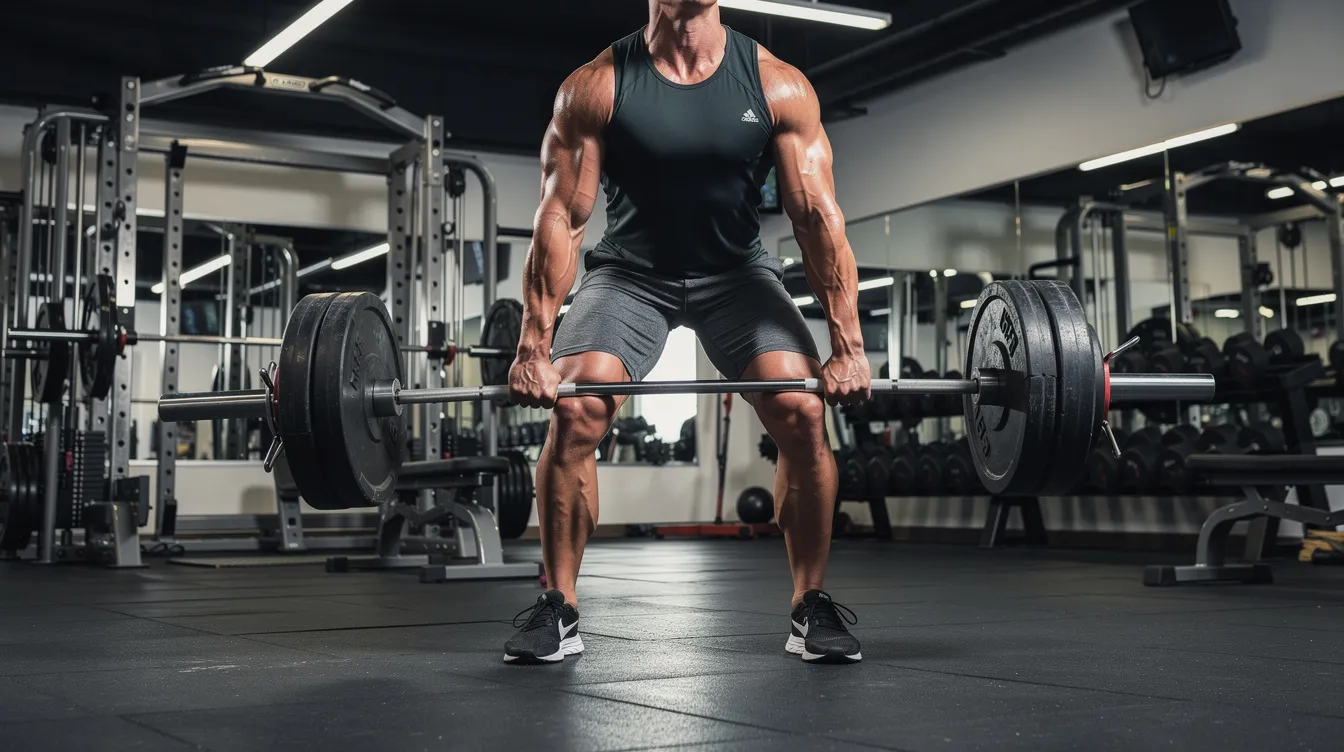 A muscular individual is executing a barbell deadlift in a well-equipped gym, showcasing impressive muscle strength and definition. This intense training session emphasizes the importance of proper technique and adequate protein intake for promoting muscle growth and supporting fitness goals.