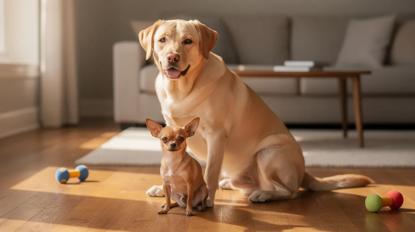 A small Chihuahua sits beside a large Labrador Retriever on a cozy living room floor, showcasing the contrast in their sizes and personalities. This image highlights the companionship between different dog breeds, reminding pet owners of the importance of understanding each dog's individual needs, including potential benefits of CBD oil for dogs in managing stress or joint pain.