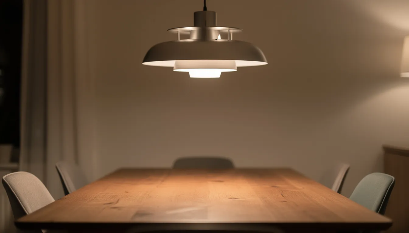 Een stijlvolle hanglamp hangt boven een ovale eettafel van hout, waarbij het warme licht een gezellige sfeer creëert in de eetruimte. De ruimte voelt lichter aan door de slimme keuzes in inrichting, perfect voor intieme diners in een compacte omgeving.