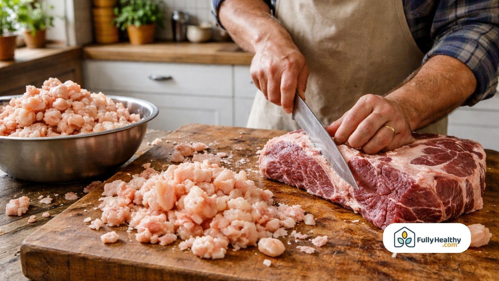 Man cutting raw beef fat on wooden board preparing tallow