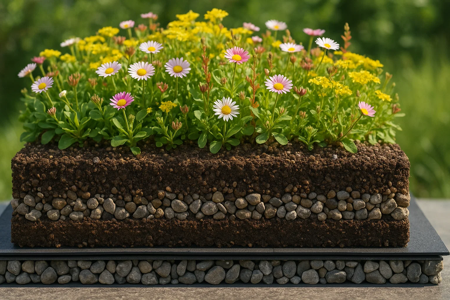 Detailed cross-section of a green roof showing layers of waterproofing, drainage, soil, and plants.