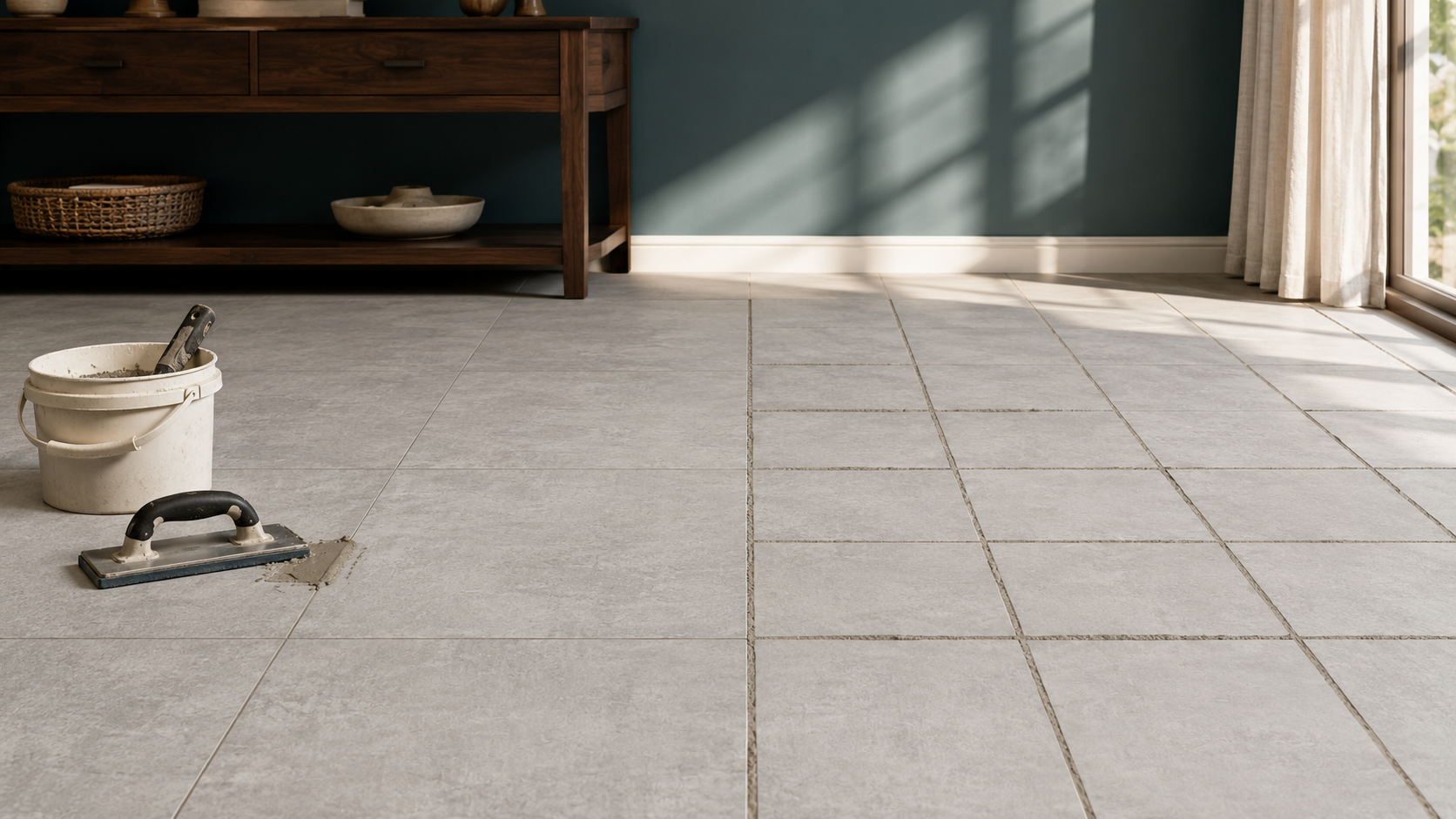 Isolated grout repair compared with full regrouting on a porcelain tile floor.