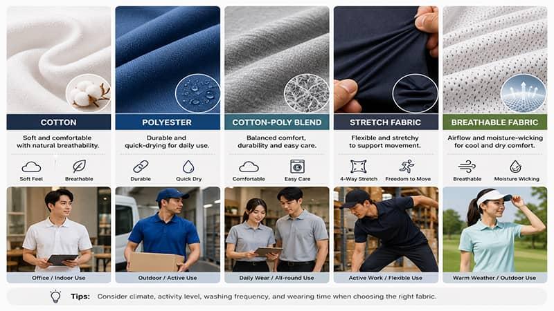 Uniform fabric comparison showing cotton, polyester, cotton-poly blends, stretch fabric, and breathable fabric for different work conditions