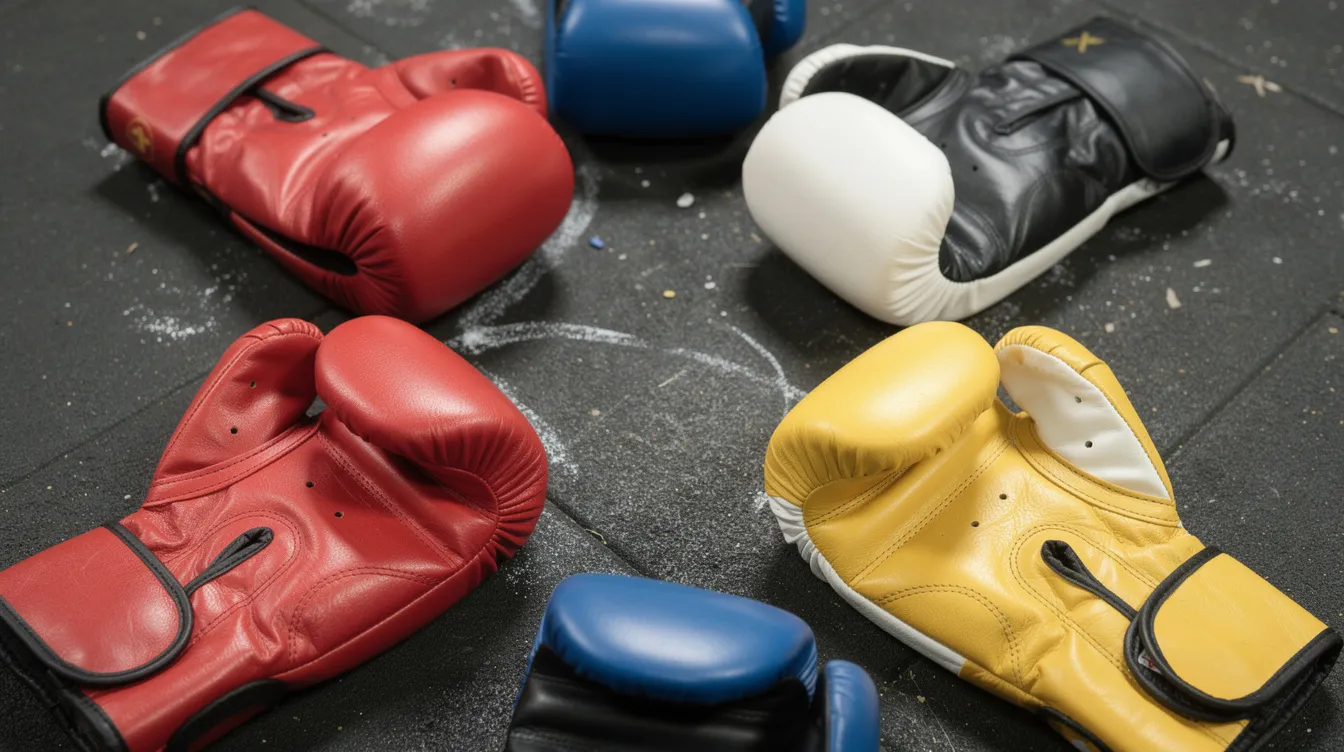 A close-up view of several boxing gloves in various colors is displayed on a gym floor, showcasing different types such as sparring gloves, training gloves, and competition gloves. The arrangement highlights the diverse designs and padding options, emphasizing their role in boxing training and combat sports.