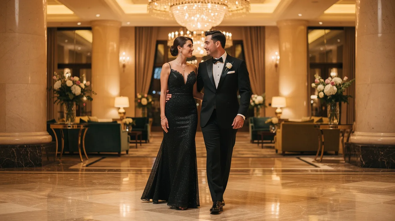 An elegant couple dressed in formal evening attire strolls through a grand hotel lobby adorned with polished marble floors and sparkling crystal chandeliers, embodying the essence of luxury and sophistication. This scene captures the allure of elite escort agencies, where the right companion can be found in a world of opulence and strategic connections.