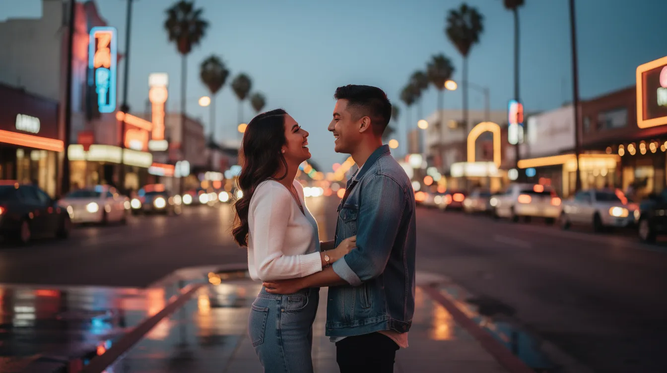 A couple enjoys a romantic evening on their first date in Los Angeles, surrounded by the vibrant atmosphere of Santa Monica. They share laughter and conversation, connecting as they explore the fun and exciting world of LA singles.