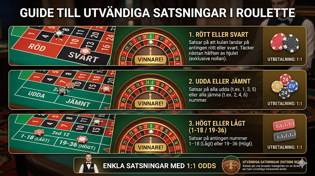 Utvändiga satsningar i roulette – rött eller svart, udda eller jämnt och högt eller lågt med 1:1 odds på roulettebord