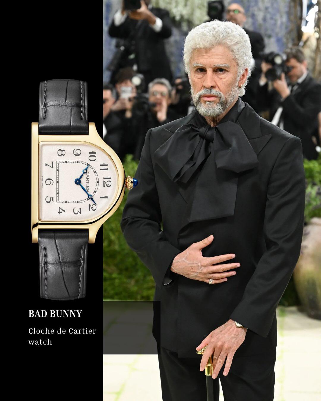 Bad Bunny memakai Cloche de Cartier 1996 di Met Gala 2026 dengan case berbentuk lonceng dan emas kuning.