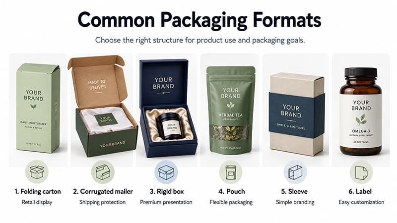 Common packaging formats including folding cartons, mailer boxes, rigid boxes, pouches, sleeves, and labels