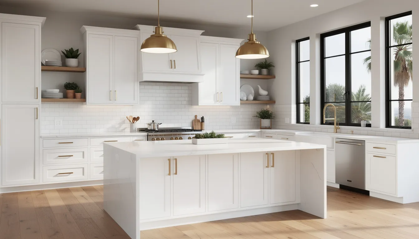 The image depicts a modern Los Angeles kitchen featuring freshly painted white cabinets with brass hardware, showcasing a stylish kitchen layout. The newly painted cabinets enhance the room's aesthetic, presenting a clean and contemporary look that many homeowners might consider for a kitchen upgrade or renovation project.