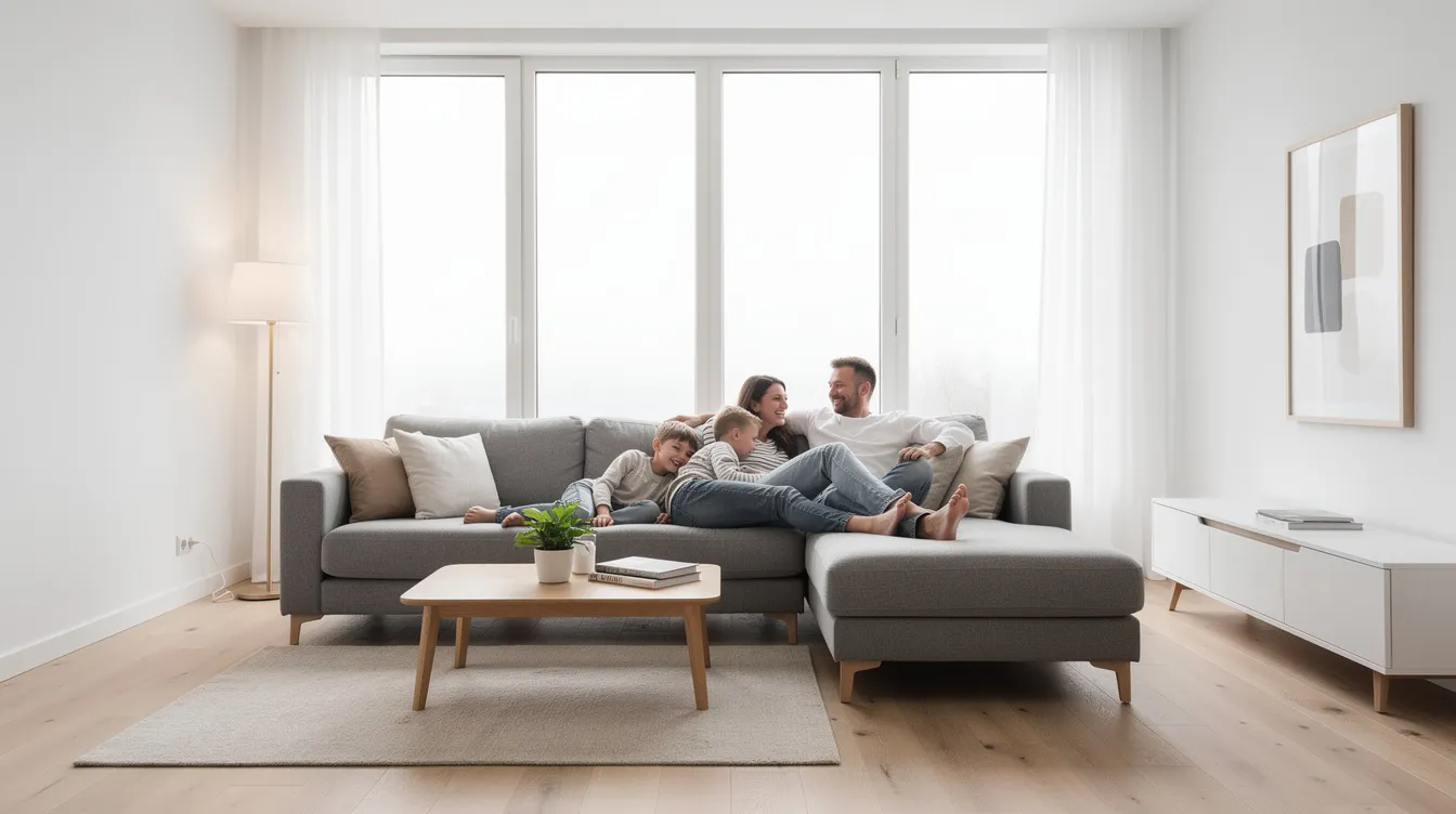 I det moderna skandinaviska vardagsrummet sitter en familj bekvämt tillsammans på en grå divansoffa med schäslong, vilket ger gott om plats för avkoppling efter en lång dag. Rummet har en stilren design med ljusa färger som skapar en inbjudande atmosfär.