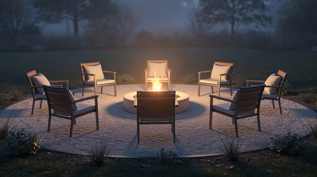 A cozy fire pit is set on a gravel surface, surrounded by chairs arranged at a safe distance, ideal for enjoying evenings outdoors. The scene captures the warmth of the fire, creating a perfect atmosphere for gatherings and outdoor adventures.