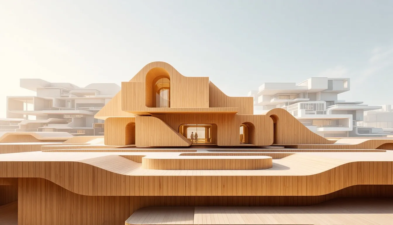 Advantages of timber modules displayed through various timber structures.