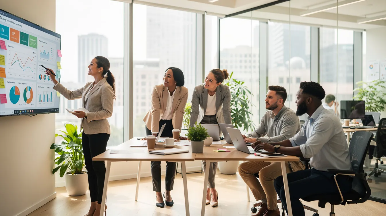 The image depicts a diverse group of professionals collaborating in a bright, modern office space, engaged in discussions about payroll management and HR functions. They are sharing ideas on payroll processes, employee benefits, and ensuring compliance with labor laws, creating a dynamic and inclusive work environment.