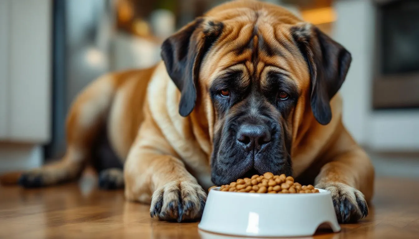 An English Mastiff is depicted happily eating high-quality dog food from a sturdy dog bowl, showcasing its gentle nature and calm demeanor. The large breed's broad head and loose skin emphasize its affectionate personality, making it a beloved companion among dog lovers.