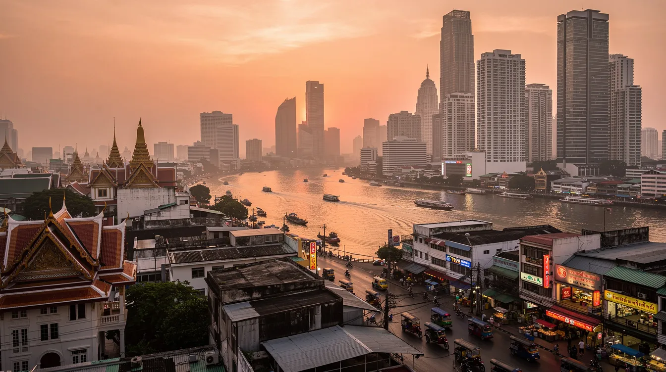 A imagem mostra a vibrante cidade de Bangkok, capital da Tailândia, com seus templos icônicos e arranha-céus modernos. A cena captura a movimentação das ruas, repleta de turistas e vendedores, refletindo a rica cultura e vida noturna da cidade.