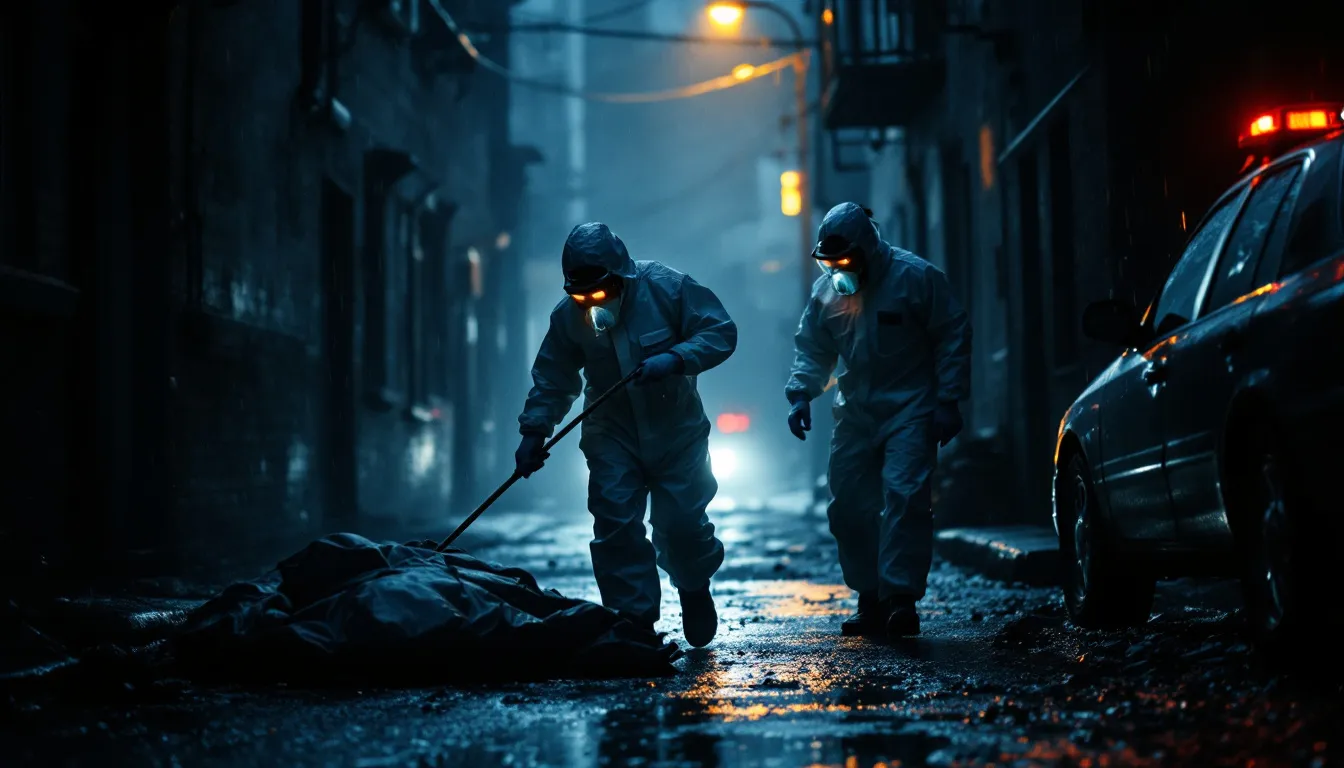 Forensic cleaners performing essential duties at a crime scene.