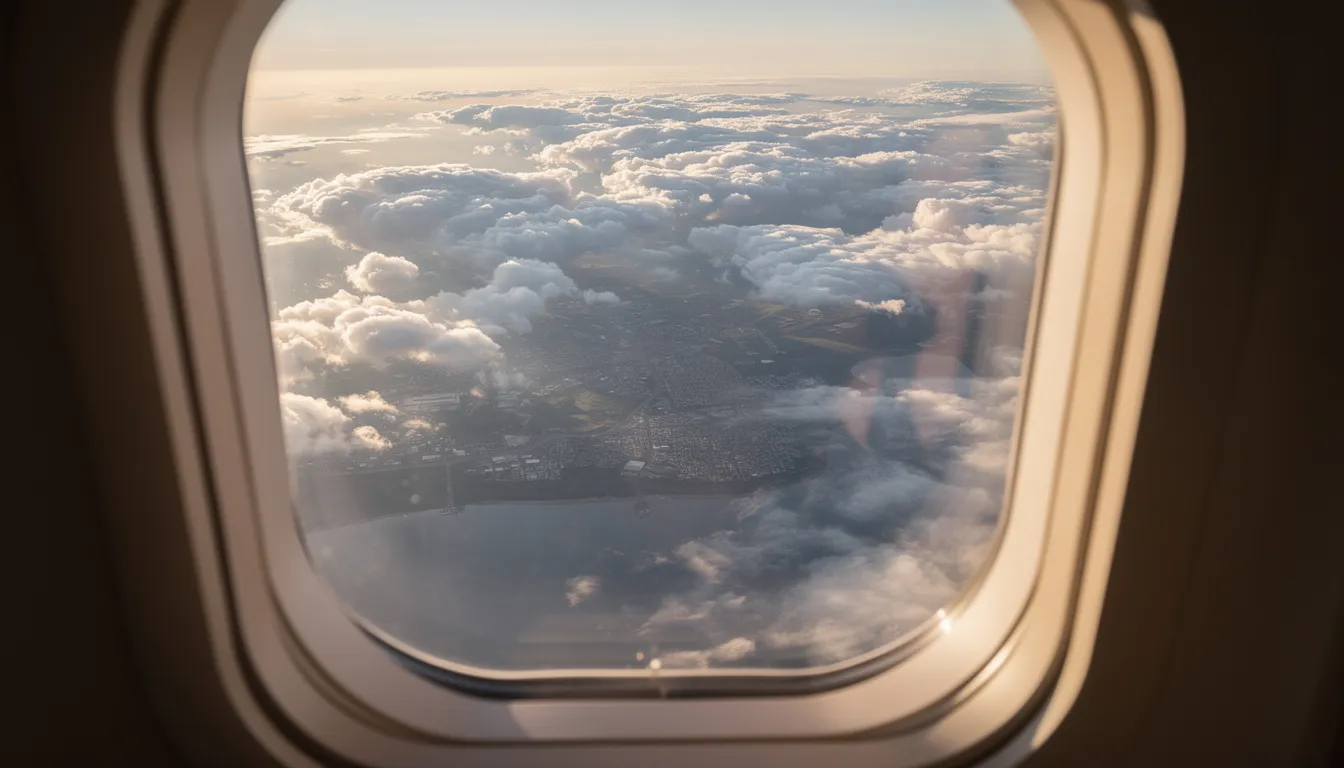 The image shows a view from an airplane window, revealing a blanket of fluffy clouds below and a glimpse of a distant destination on the ground. This picturesque scene captures the essence of travel, suggesting the importance of reliable mobile data plans, like the saily esim service, to stay connected during your journey.