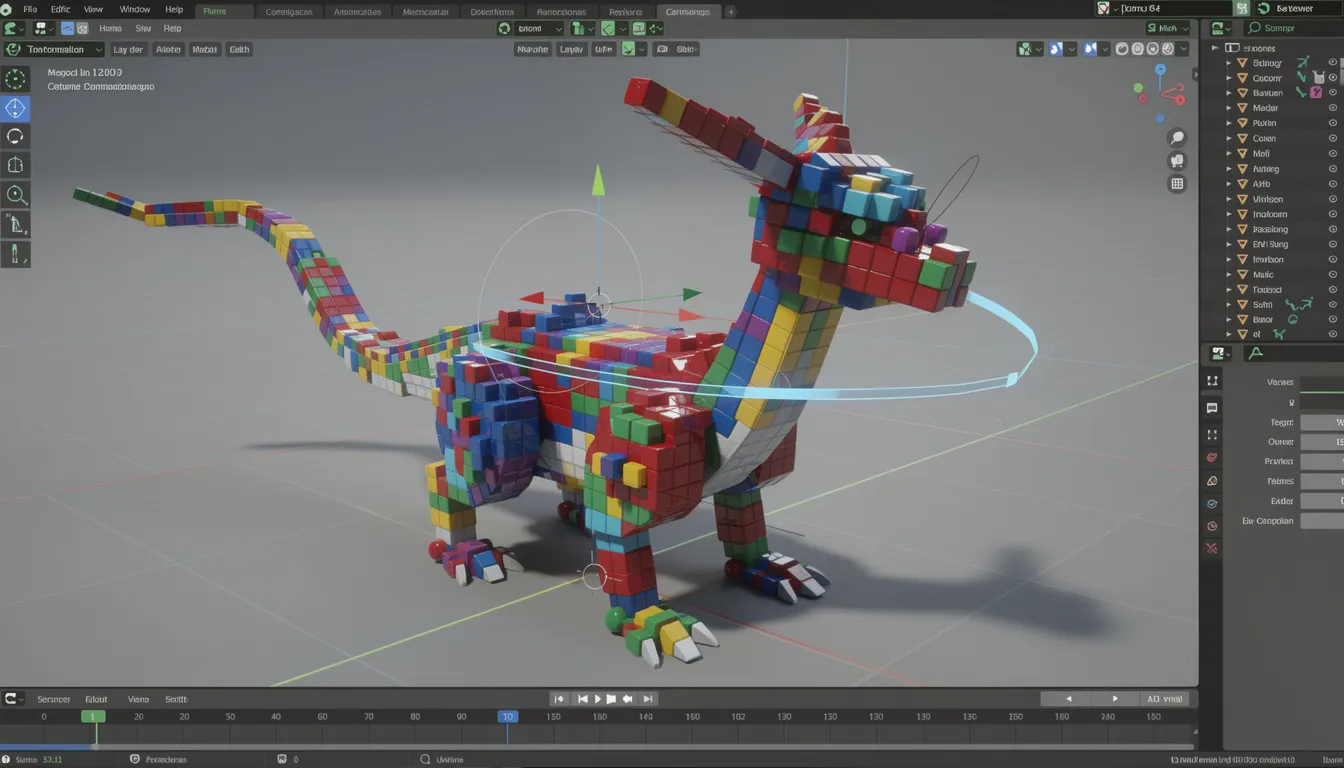 The image displays a detailed 3D model of a colorful fantasy creature composed of blocks, being smoothly rotated in a modeling viewport, showcasing its unique textures and features. This model represents the creative possibilities of modding in Minecraft, allowing users to explore new mobs and enhance their gaming experience with various mods and resource packs.
