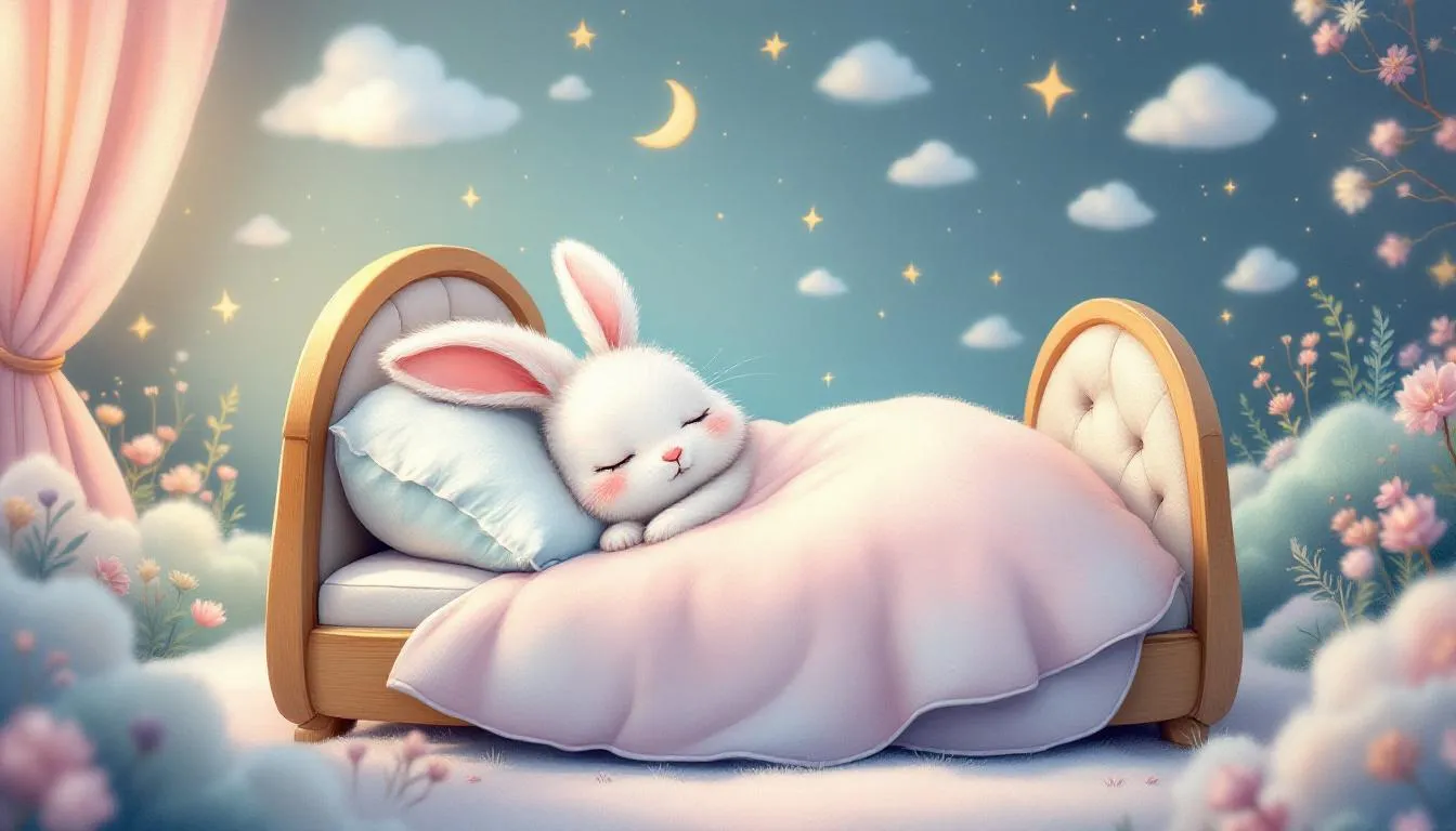 A sleepy rabbit curled up in a cozy bed.