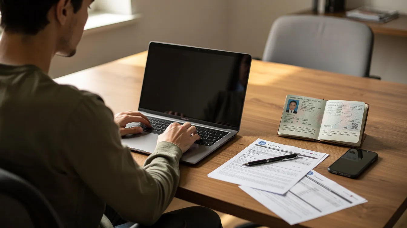 A person is seated at a desk, focused on their laptop while surrounded by a passport and various documents related to their visa application for the United Kingdom. The scene suggests an active engagement in the application process, possibly involving VFS Global services.