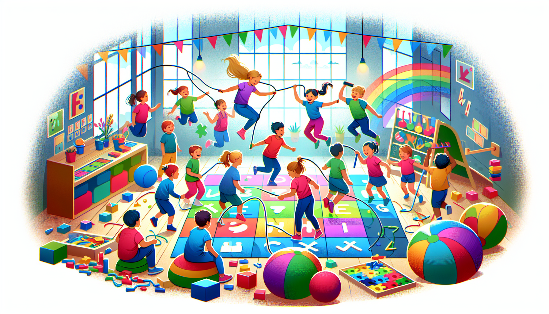 An illustration of children engaging in physical activity during lessons to aid learning.