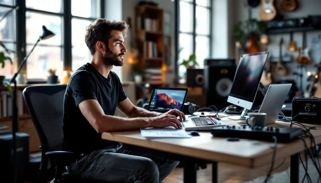 The image depicts a musician collaborating with an AI system, showcasing the intersection of human creativity and artificial intelligence in the music industry. Various AI-powered tools are illustrated, emphasizing how they enhance the creative process, helping to overcome creative blocks and generate new musical ideas.