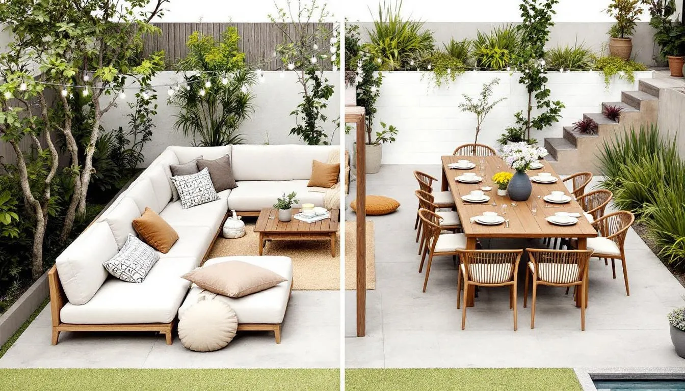 The image depicts a beautifully arranged outdoor space with distinct lounge and dining zones. It showcases comfortable outdoor lounge furniture, including chairs and a coffee table, surrounded by vibrant cushions and decorative elements that create an inviting atmosphere for relaxation and socialising. This outdoor oasis is perfect for enjoying the sun and entertaining family and friends in your own backyard.