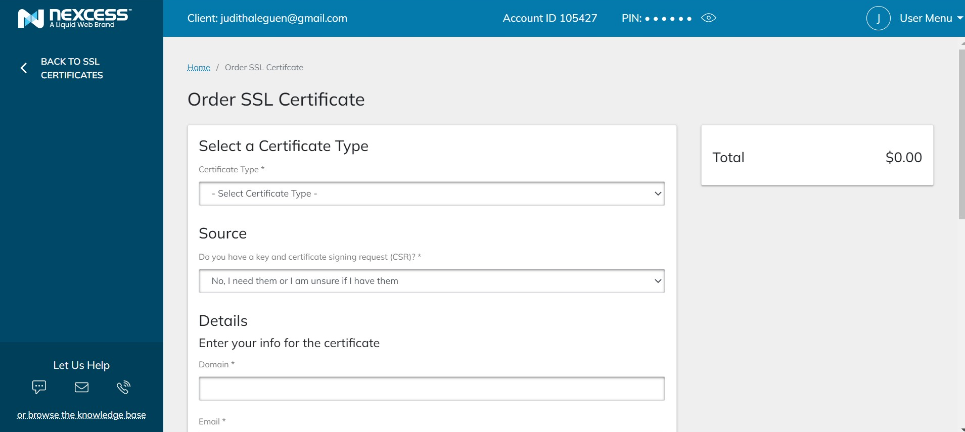 Screenshot of the SSL Certificate ordering process