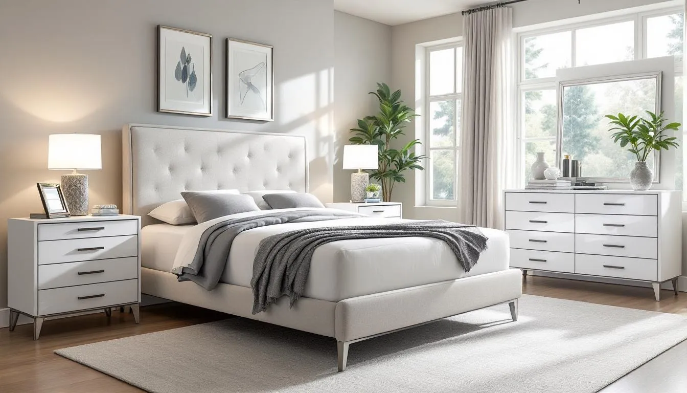 A modern queen bedroom set is showcased in a beautifully styled main bedroom, featuring coordinated furniture pieces such as a sleek bed frame, matching bedside tables, and a stylish dresser, all designed to create a harmonious and inviting space for relaxation. The room combines functionality with aesthetics, providing ample storage space while enhancing the overall bedroom style.