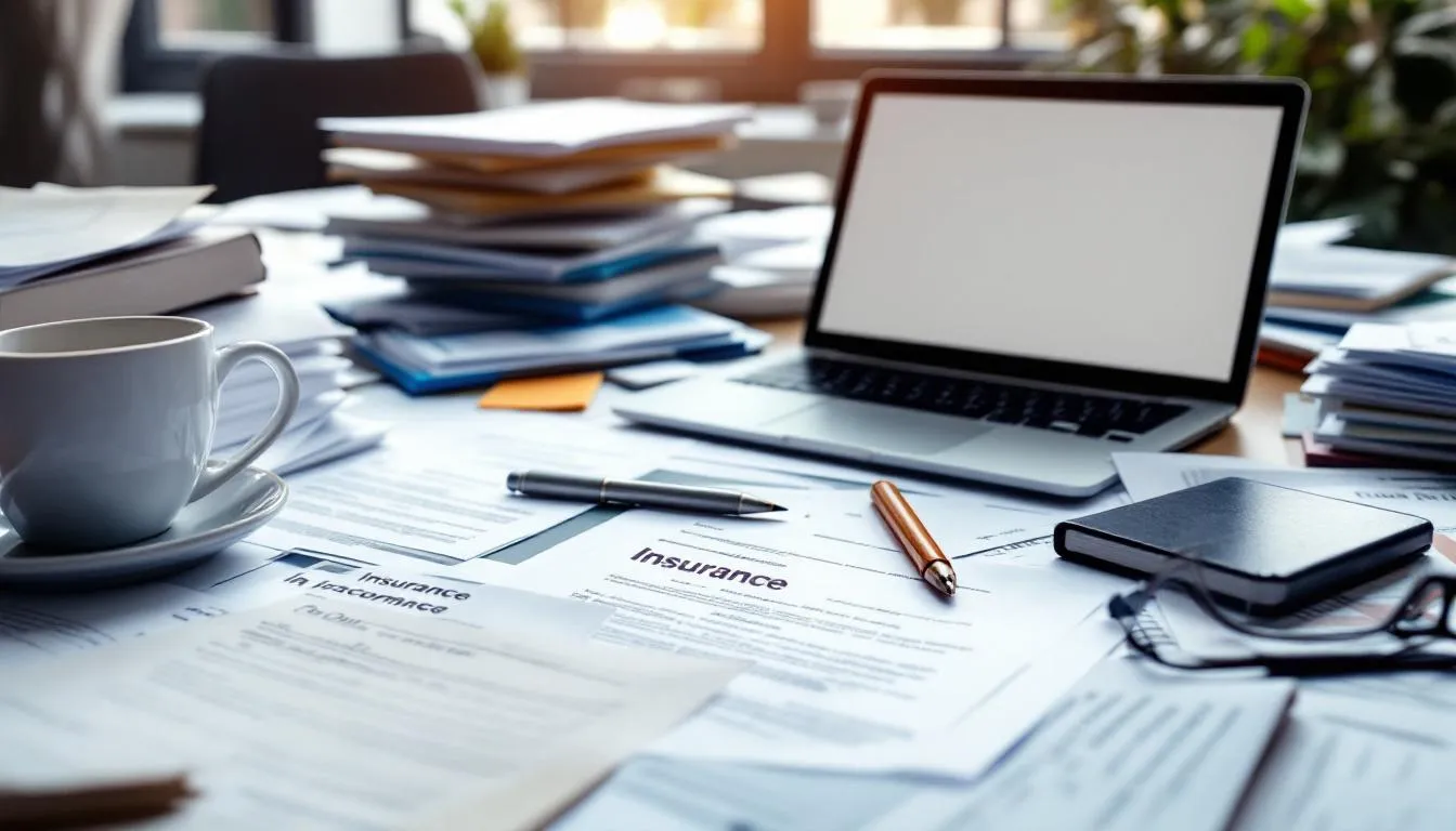The image shows a cluttered desk filled with various insurance paperwork and legal documents related to personal injury claims, including forms for medical bills and accident reports. This scene reflects the legal process involved in pursuing compensation for car accident victims and highlights the importance of having experienced personal injury attorneys for effective legal representation.