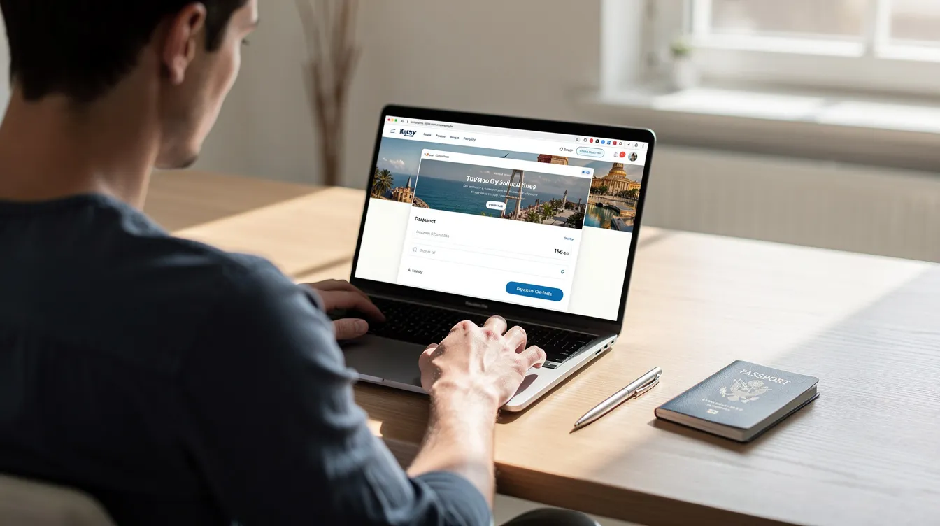 A person is sitting at a desk, intently checking a laptop screen while a valid passport is placed beside them. This scene suggests they may be reviewing their UK visa application or immigration status, ensuring all details are accurate to avoid unnecessary delays in their travel plans.
